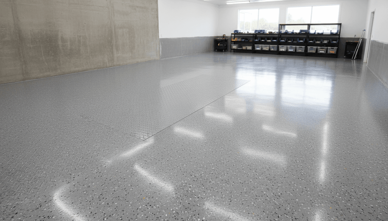 Quartz-coated epoxy floor with granite-like speckled finish
