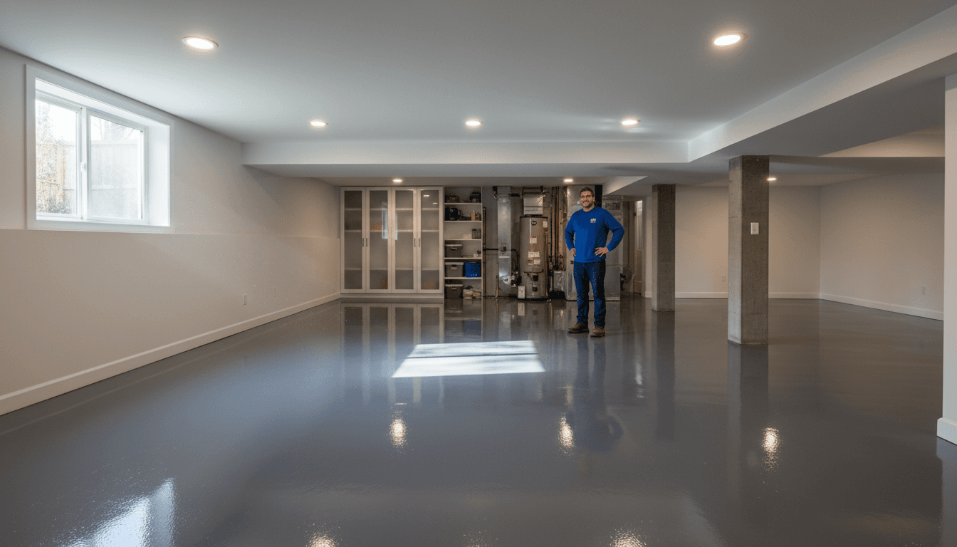 Flake epoxy basement floor with neutral finish