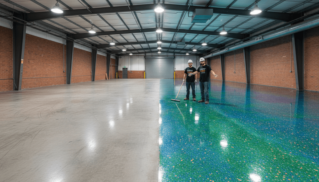 Commercial flake epoxy floor with dark finish