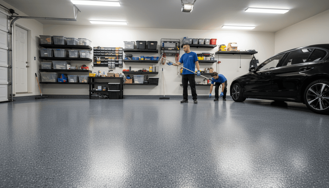 Completed garage epoxy project with clean professional edges