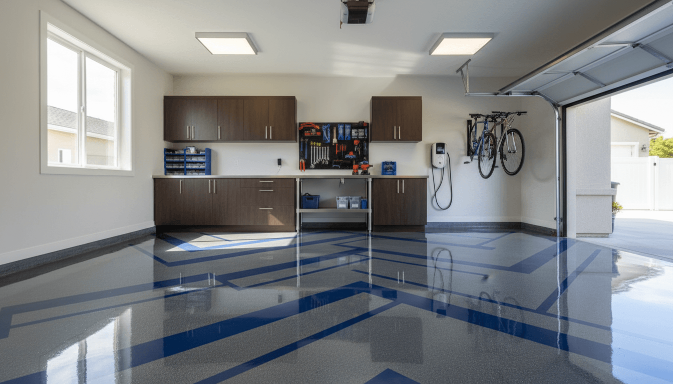 High-end metallic epoxy flooring in a residential garage with premium finish