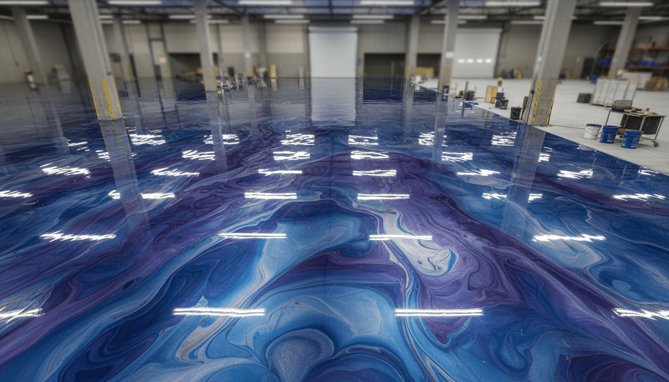 Metallic epoxy floor with shimmering gold and silver patterns