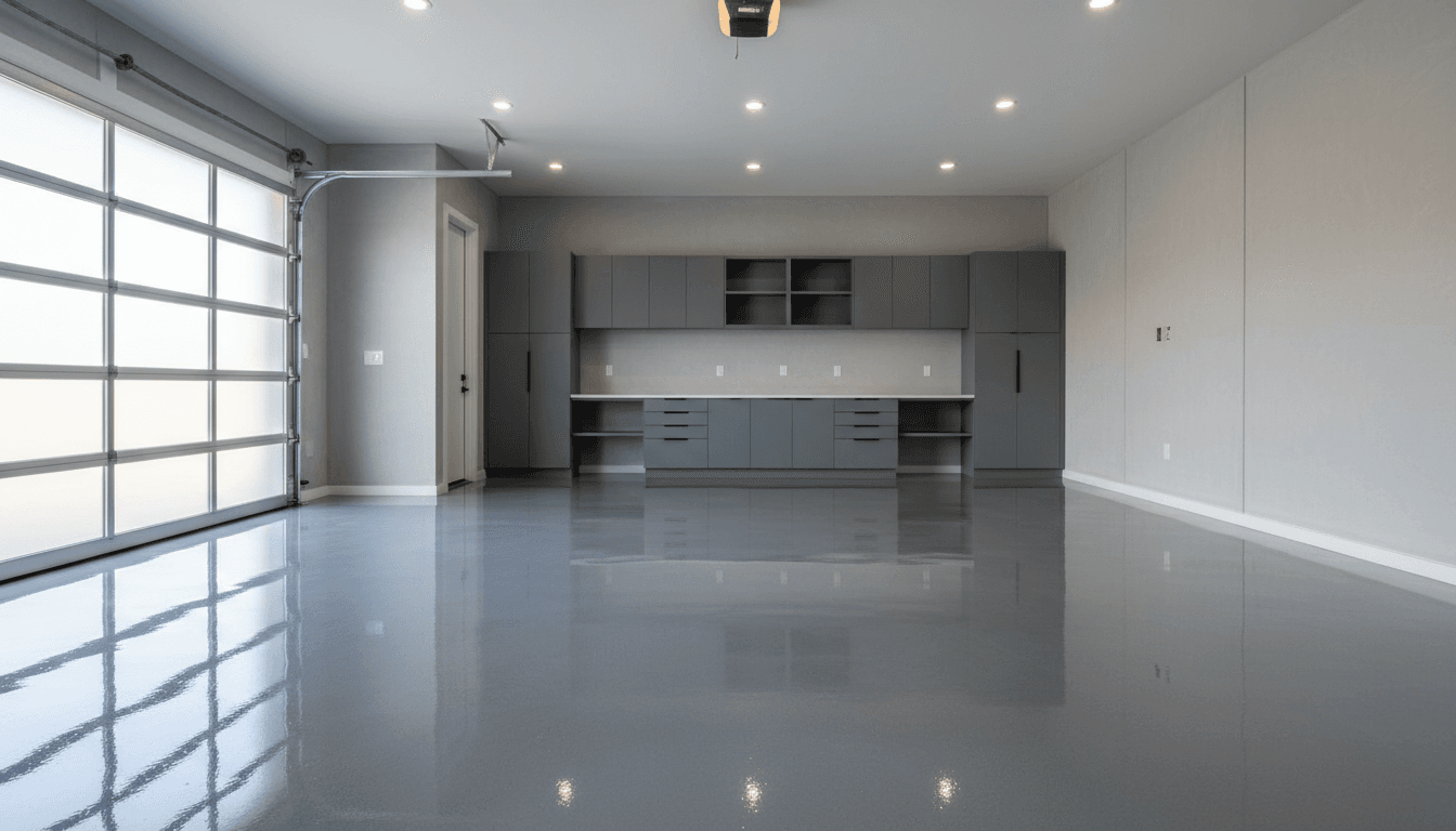 High-end metallic epoxy flooring in a bright modern garage